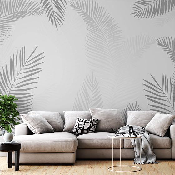 Silver Tropical Palm Leaf White Wall Mural Botanical Wallpaper