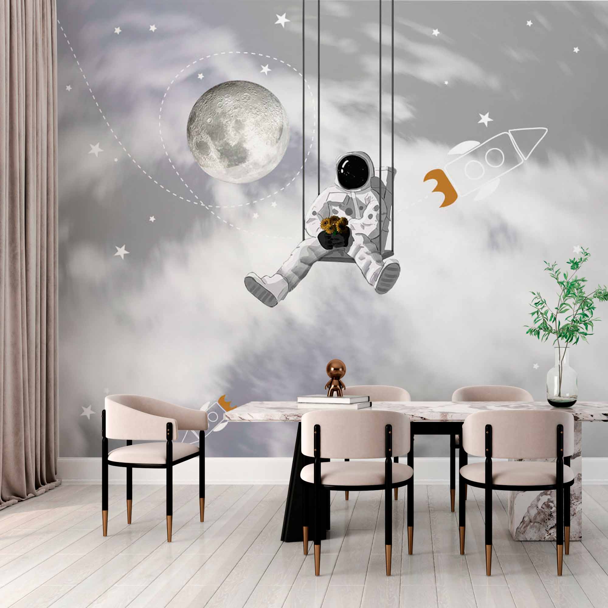 Whimsical Astronaut Wall Mural Wallpaper - Swinging in Space with Moon and Rockets