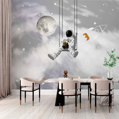 Custom Whimsical Astronaut Wall Mural Wallpaper - Swinging in Space with Moon and Rockets