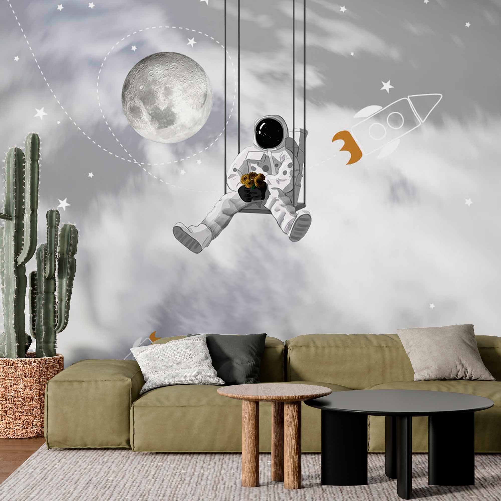 Whimsical Astronaut Wall Mural Wallpaper - Swinging in Space with Moon and Rockets