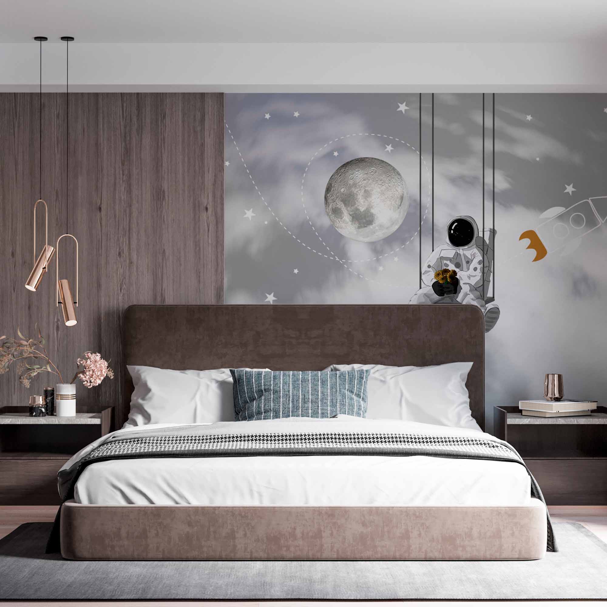 Whimsical Astronaut Wall Mural Wallpaper - Swinging in Space with Moon and Rockets