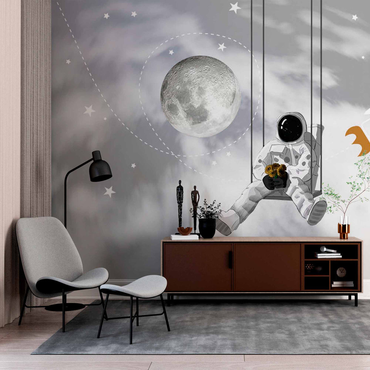 Whimsical Astronaut Wall Mural Wallpaper - Swinging in Space with Moon and Rockets