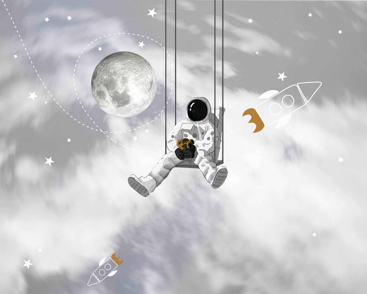 Papier peint astronaute sur une balançoire – Papier peint panoramique espace fantaisiste lune et fusée