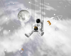 Custom Whimsical Astronaut Wall Mural Wallpaper - Swinging in Space with Moon and Rockets