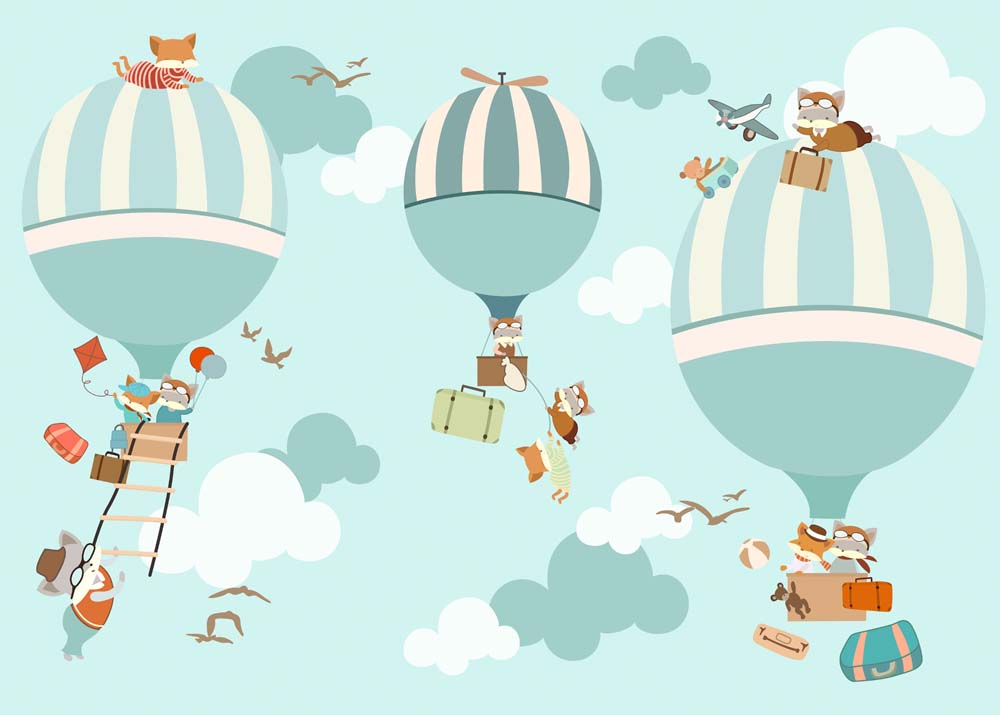 Kids Wall Murals Watercolor Blue Sky Hot Air Balloons Minimal Design Wallpaper for Kids