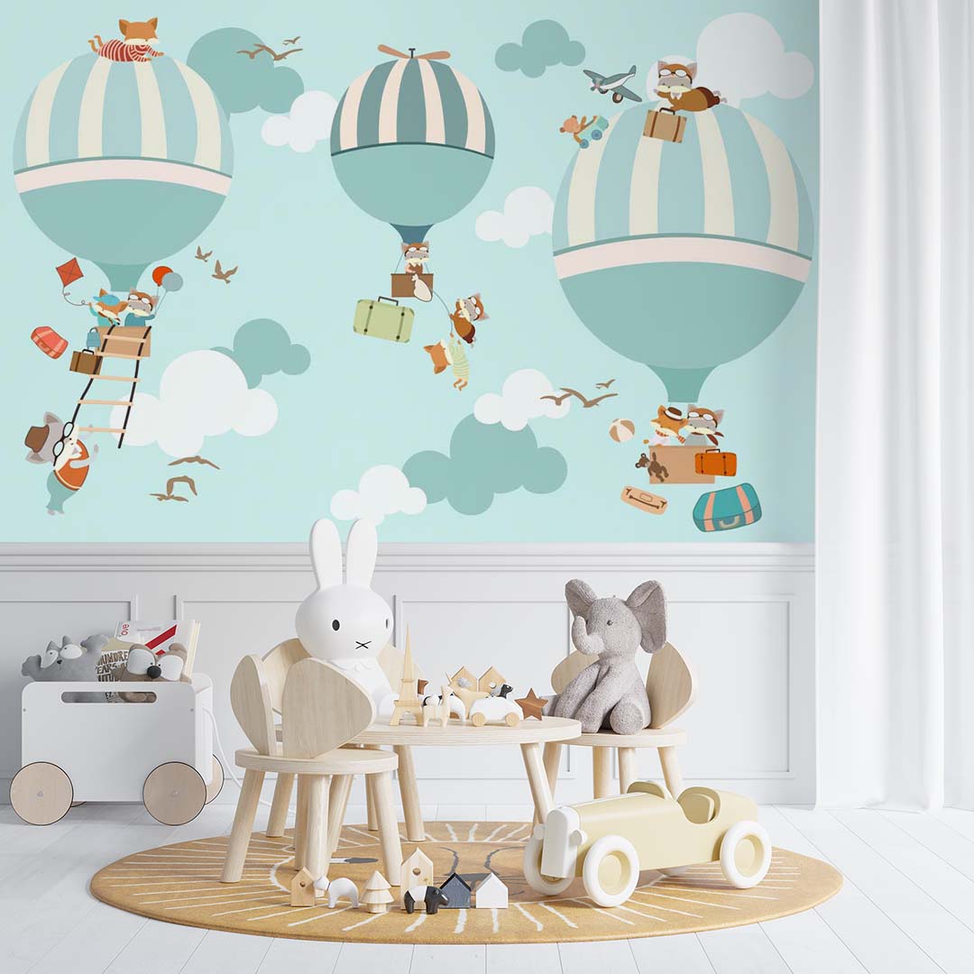 Kids Wall Murals Watercolor Blue Sky Hot Air Balloons Minimal Design Wallpaper for Kids