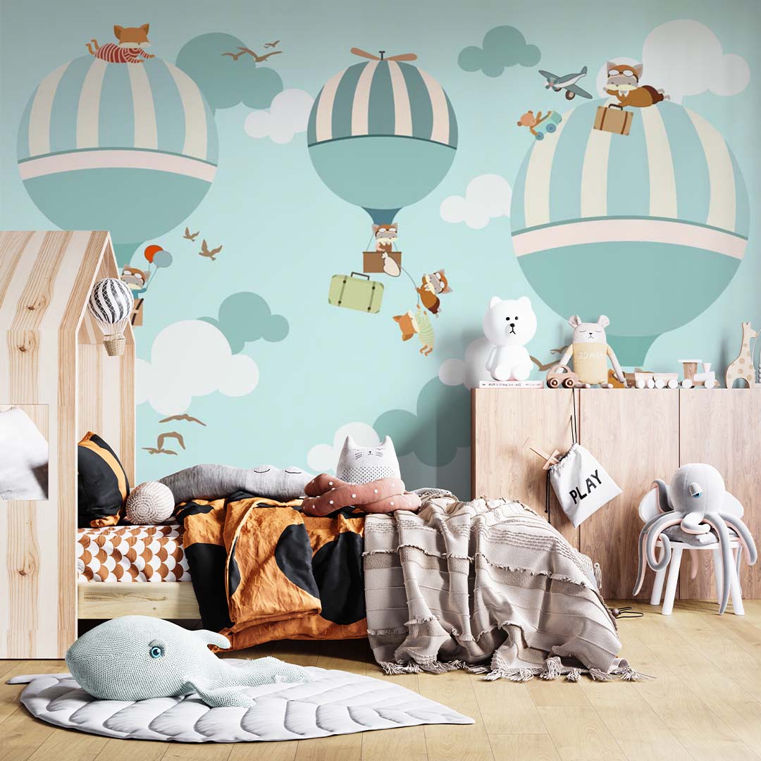 Kids Wall Murals Watercolor Blue Sky Hot Air Balloons Minimal Design Wallpaper for Kids