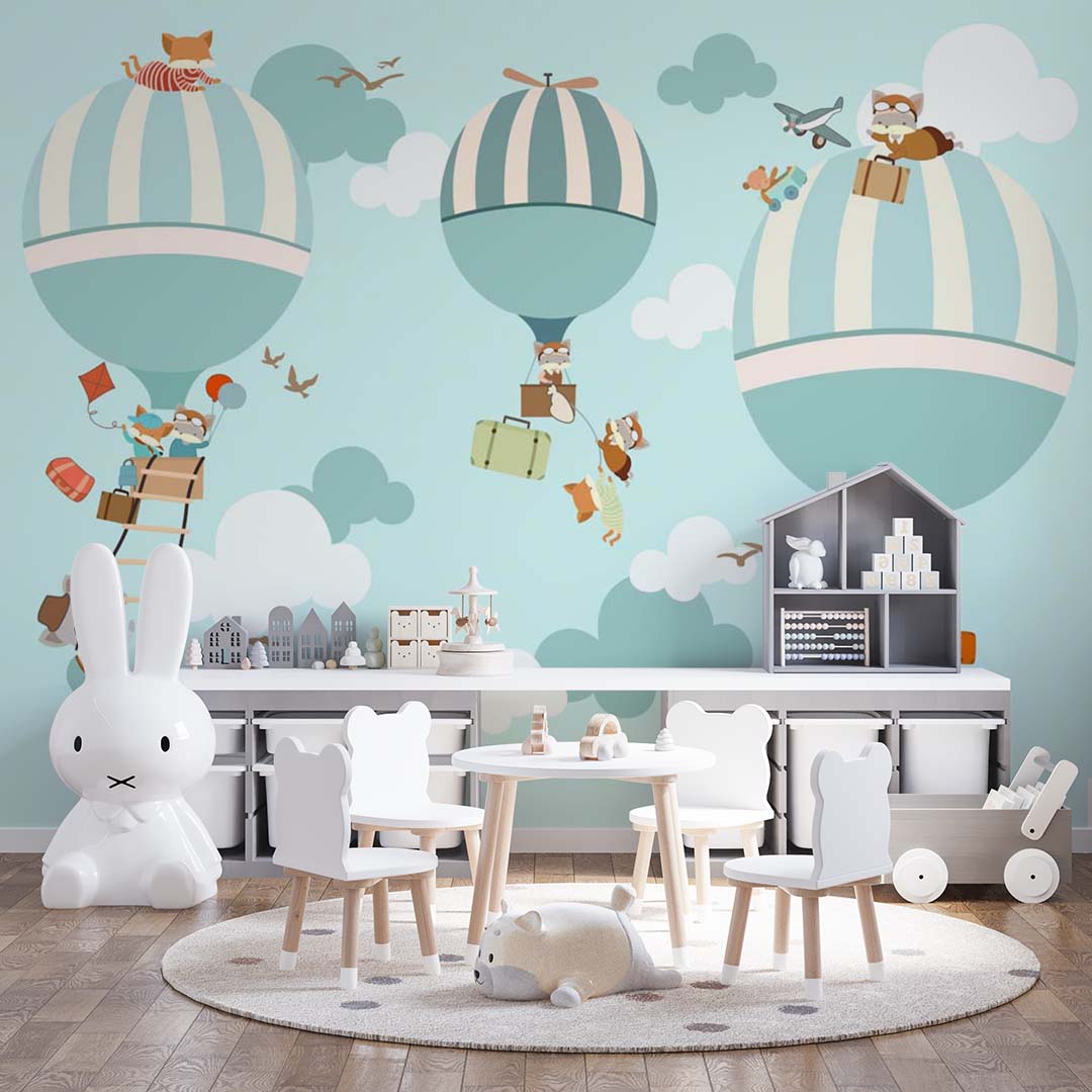 Kids Wall Murals Watercolor Blue Sky Hot Air Balloons Minimal Design Wallpaper for Kids