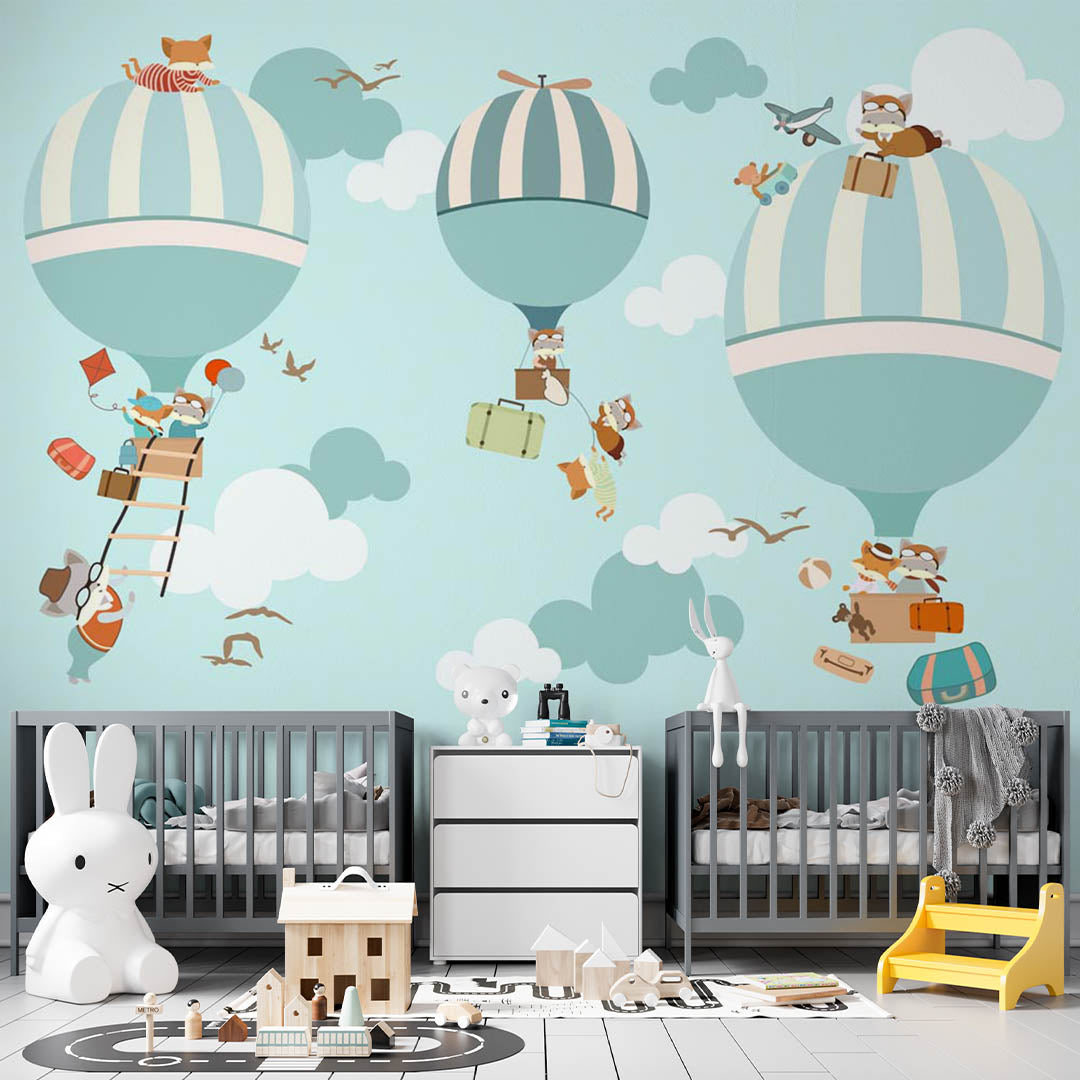 Kids Wall Murals Watercolor Blue Sky Hot Air Balloons Minimal Design Wallpaper for Kids