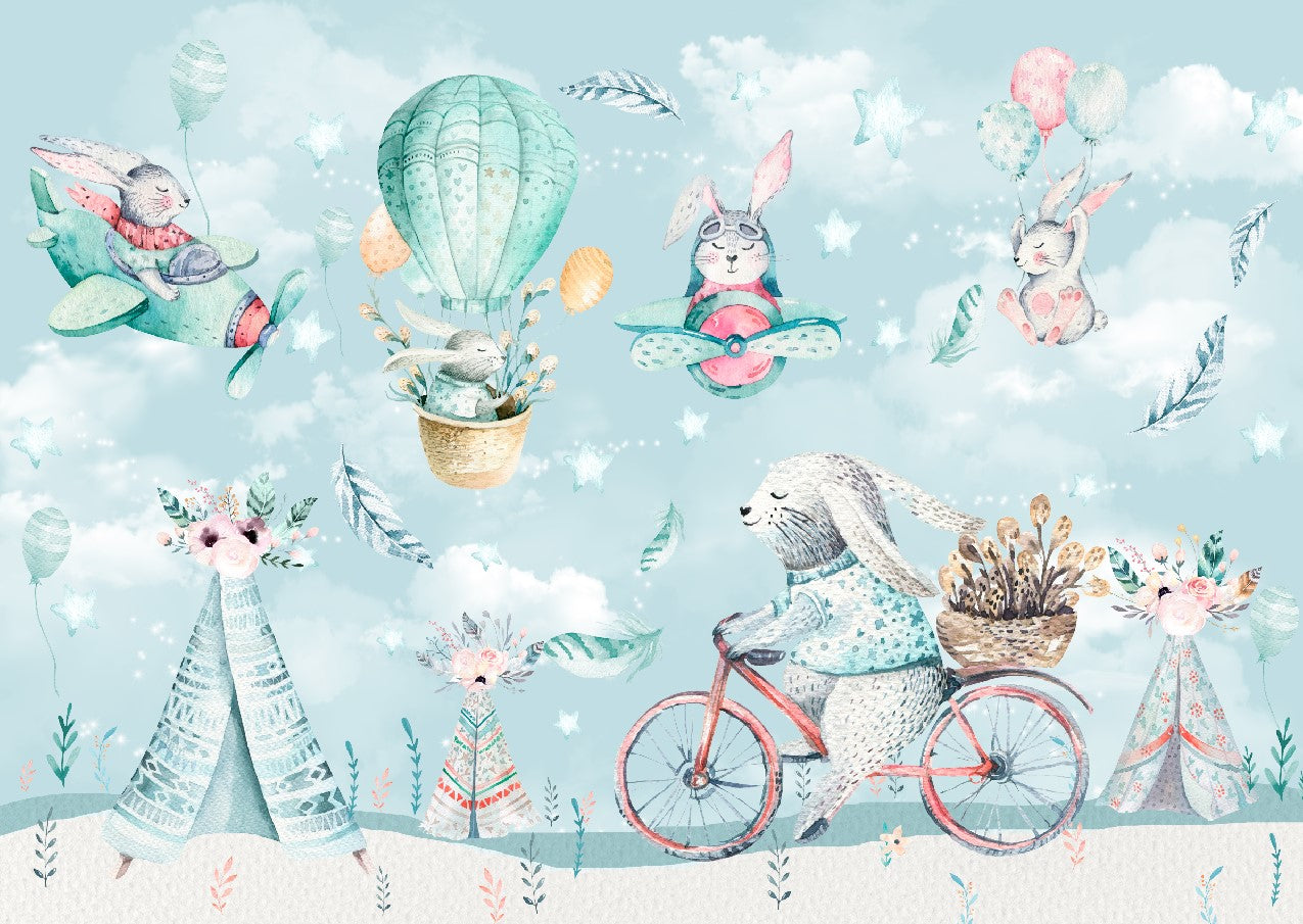 Kids Wall Mural Cute Cartoon Bunnies in Hot Air Balloons Aircrafts Nursery Wallpaper