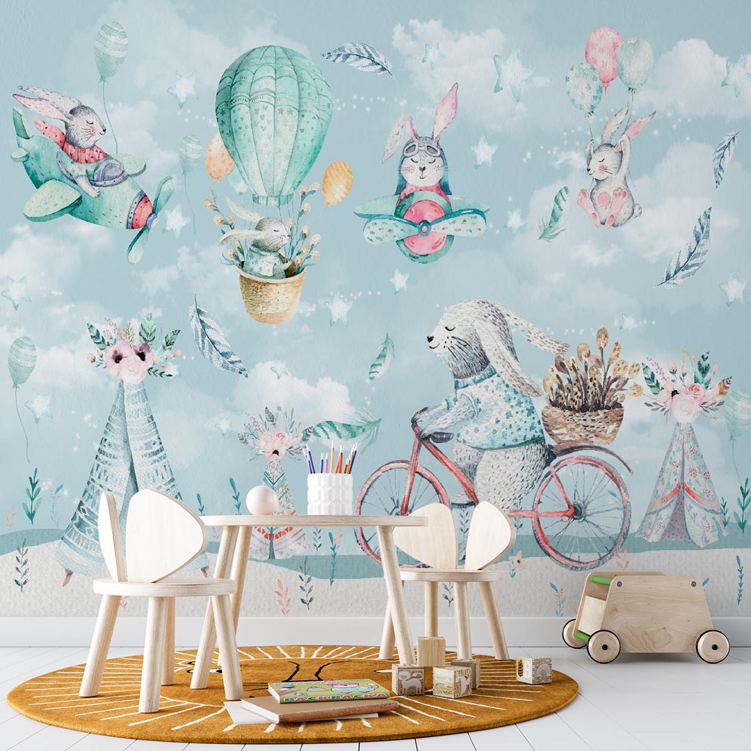 Kids Wall Mural Cute Cartoon Bunnies in Hot Air Balloons Aircrafts Nursery Wallpaper