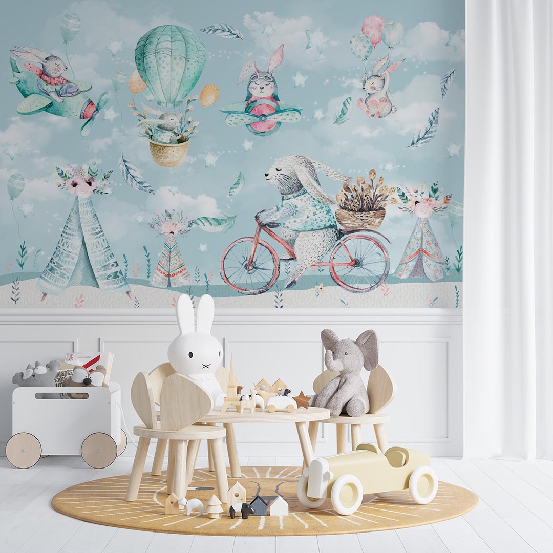 Kids Wall Mural Cute Cartoon Bunnies in Hot Air Balloons Aircrafts Nursery Wallpaper