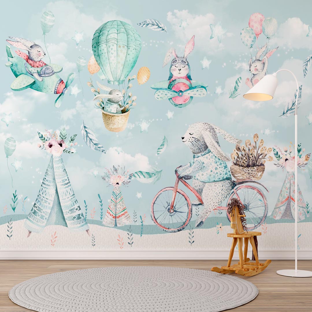 Kids Wall Mural Cute Cartoon Bunnies in Hot Air Balloons Aircrafts Nursery Wallpaper