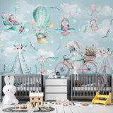 Kids Wall Mural Cute Cartoon Bunnies in Hot Air Balloons Aircrafts Nursery Wallpaper