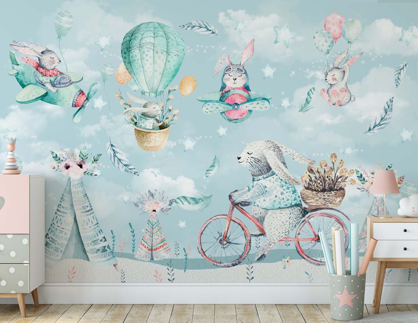 Kids Wall Mural Cute Cartoon Bunnies in Hot Air Balloons Aircrafts Nursery Wallpaper