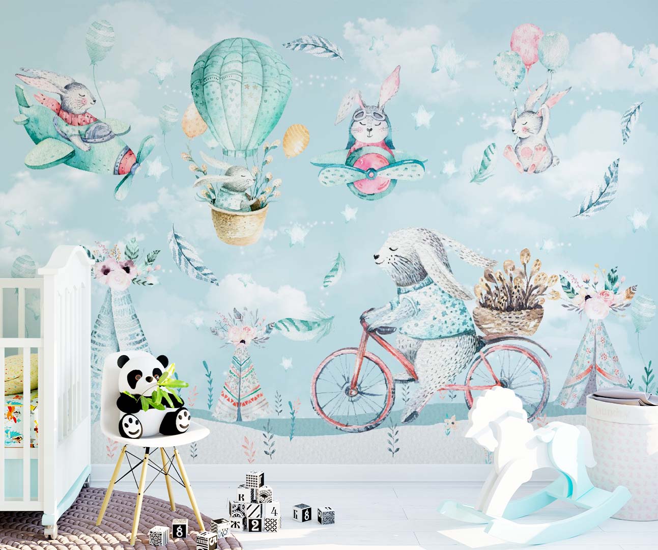 Kids Wall Mural Cute Cartoon Bunnies in Hot Air Balloons Aircrafts Nursery Wallpaper