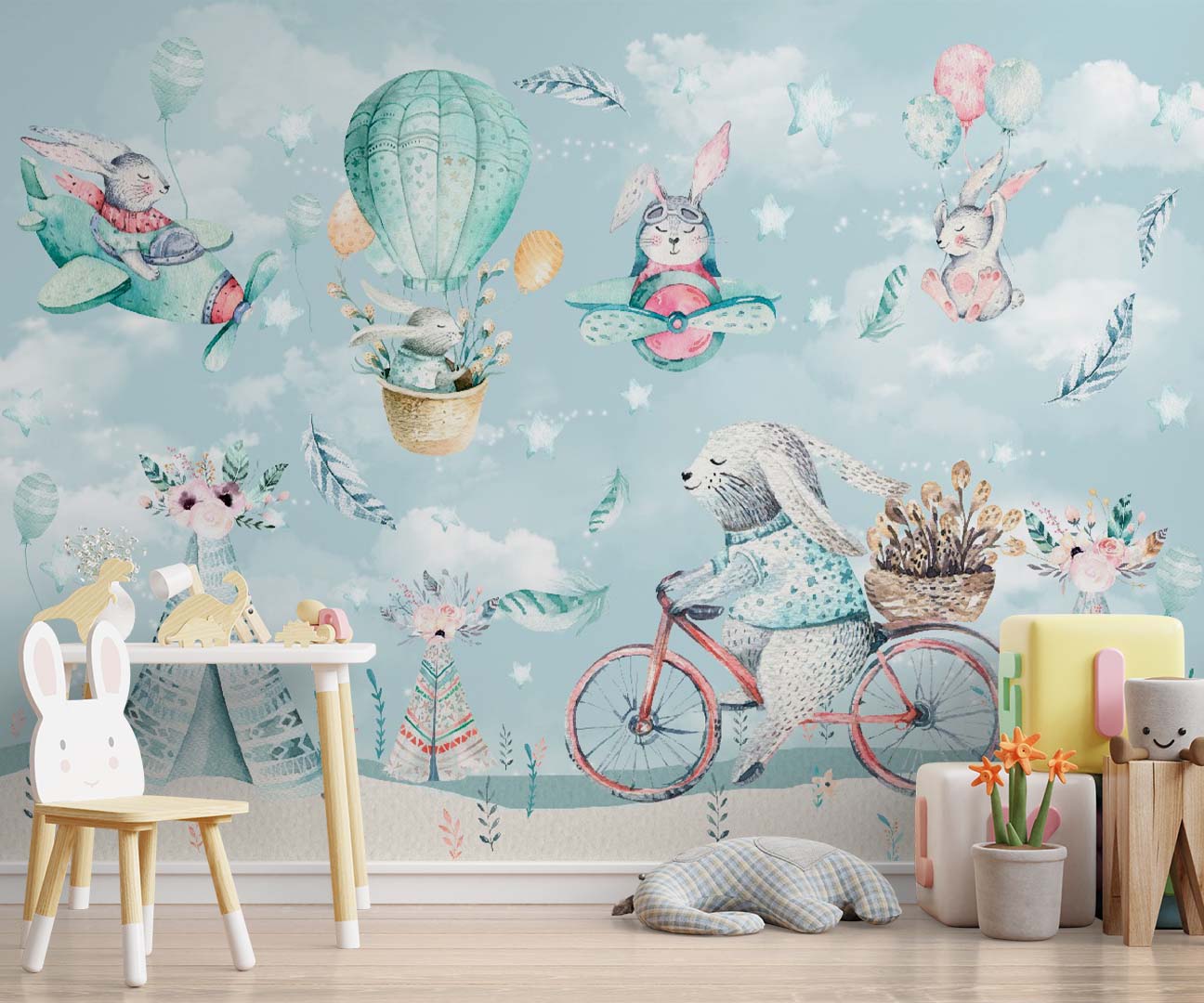 Kids Wall Mural Cute Cartoon Bunnies in Hot Air Balloons Aircrafts Nursery Wallpaper