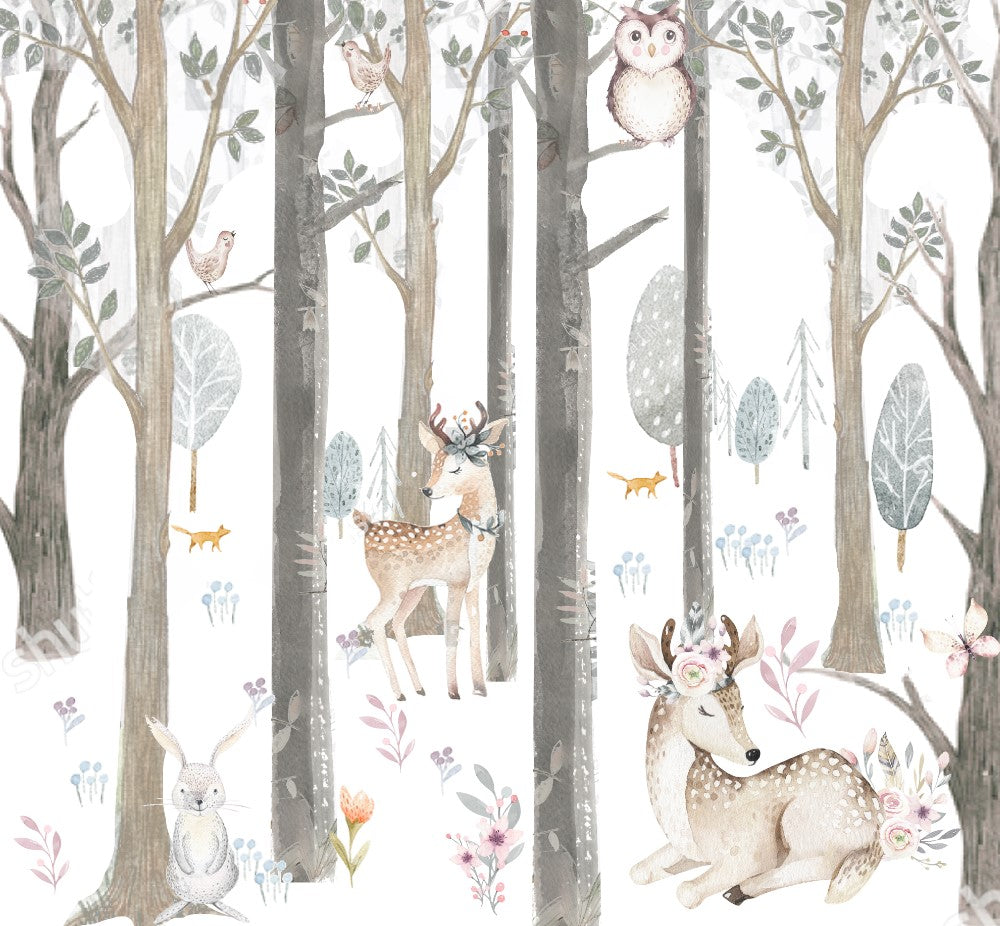 Kids Wall Mural Forest Animals Scandinavian Design Woodland Nursery Wallpaper