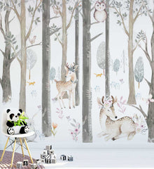 Custom Kids Wall Mural Forest Animals Scandinavian Design Woodland Nursery Wallpaper