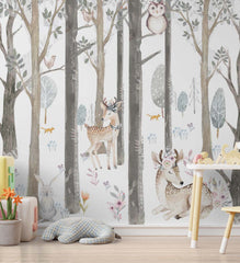 Custom Kids Wall Mural Forest Animals Scandinavian Design Woodland Nursery Wallpaper