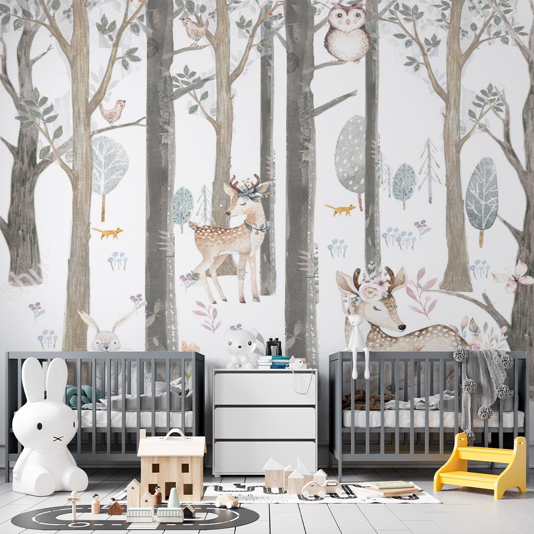 Kids Wall Mural Forest Animals Scandinavian Design Woodland Nursery Wallpaper