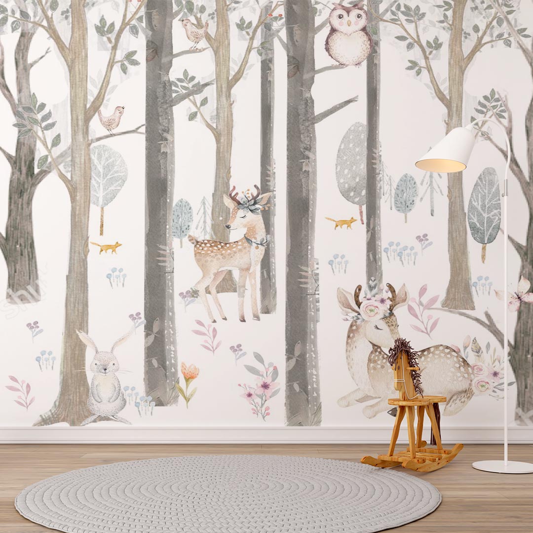 Kids Wall Mural Forest Animals Scandinavian Design Woodland Nursery Wallpaper