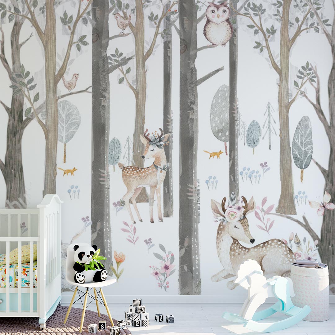 Kids Wall Mural Forest Animals Scandinavian Design Woodland Nursery Wallpaper