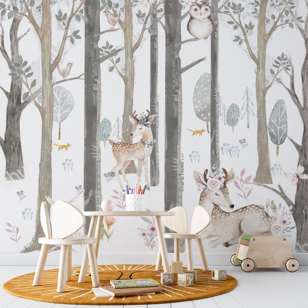 Kids Wall Mural Forest Animals Scandinavian Design Woodland Nursery Wallpaper