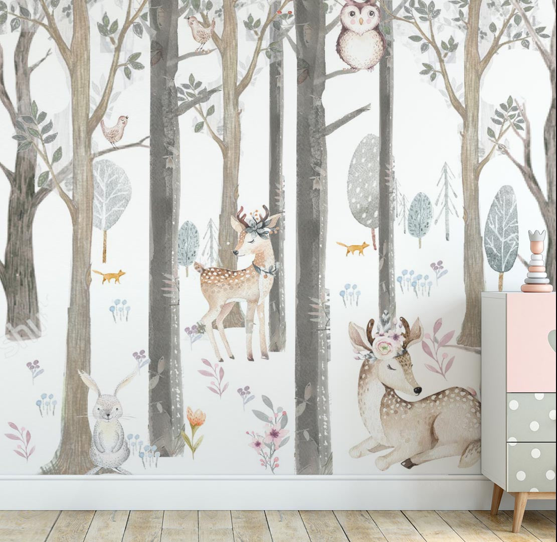 Kids Wall Mural Forest Animals Scandinavian Design Woodland Nursery Wallpaper