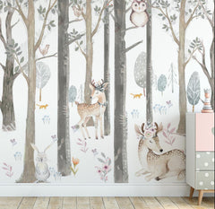 Custom Kids Wall Mural Forest Animals Scandinavian Design Woodland Nursery Wallpaper