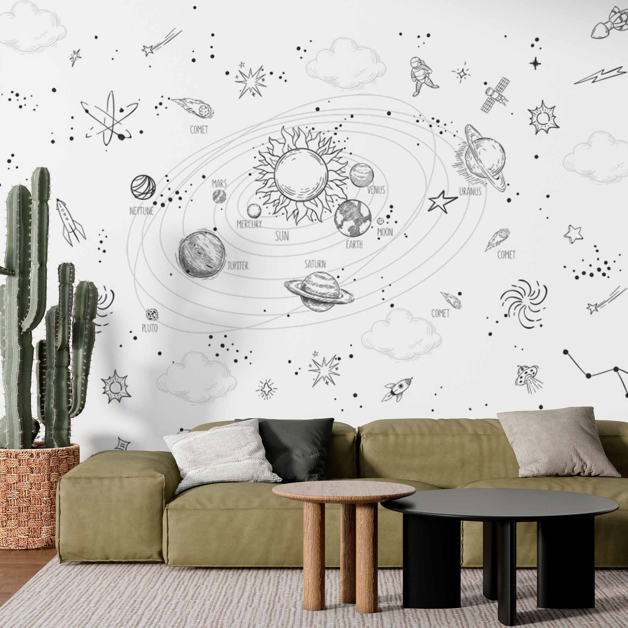 Illustrated Solar System Wall Mural Wallpaper - Fun Space Doodles for Kids