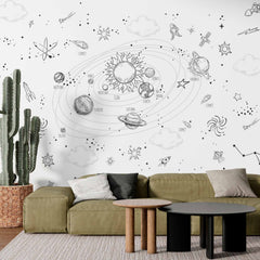 Custom Illustrated Solar System Wall Mural Wallpaper - Fun Space Doodles for Kids