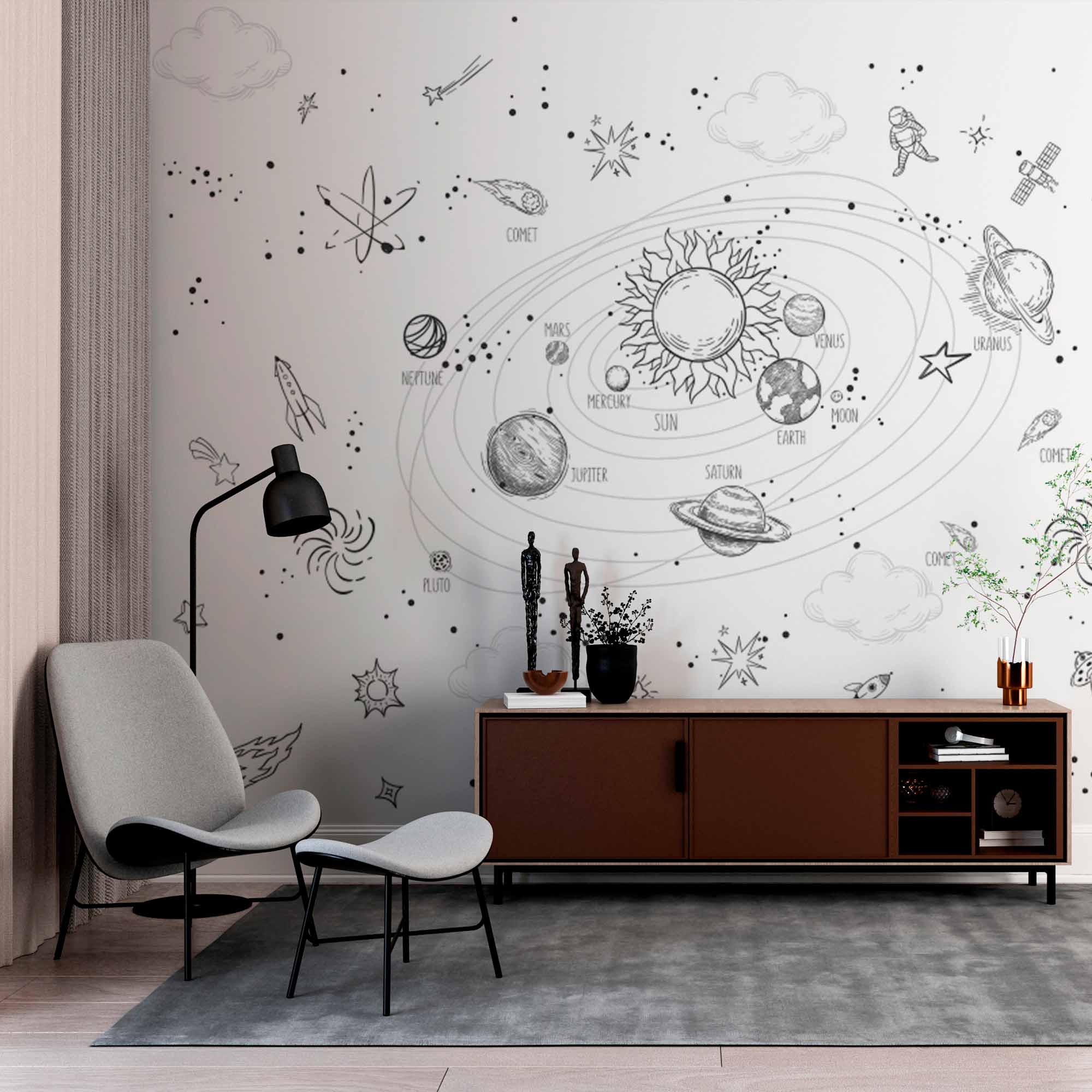 Illustrated Solar System Wall Mural Wallpaper - Fun Space Doodles for Kids