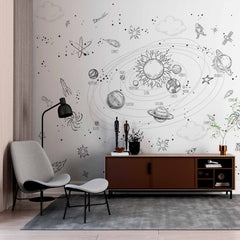 Custom Illustrated Solar System Wall Mural Wallpaper - Fun Space Doodles for Kids