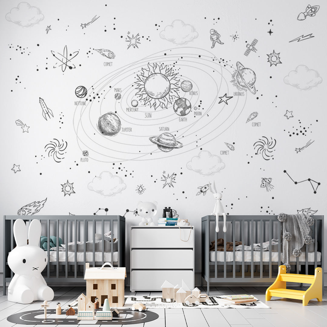 Hand-drawn solar system with labeled planets, rockets and constellations in a children’s playroom