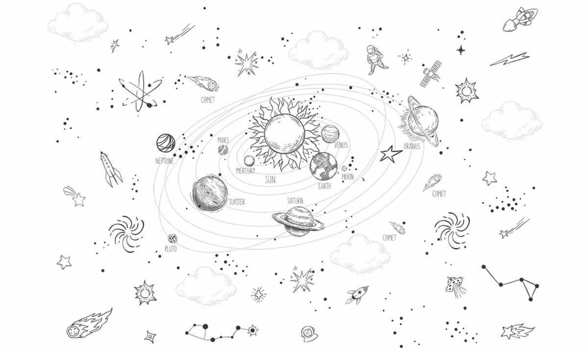 Fototapete Sonnensystem-Doodle – Handgezeichnete Weltraumskizze für Kinder
