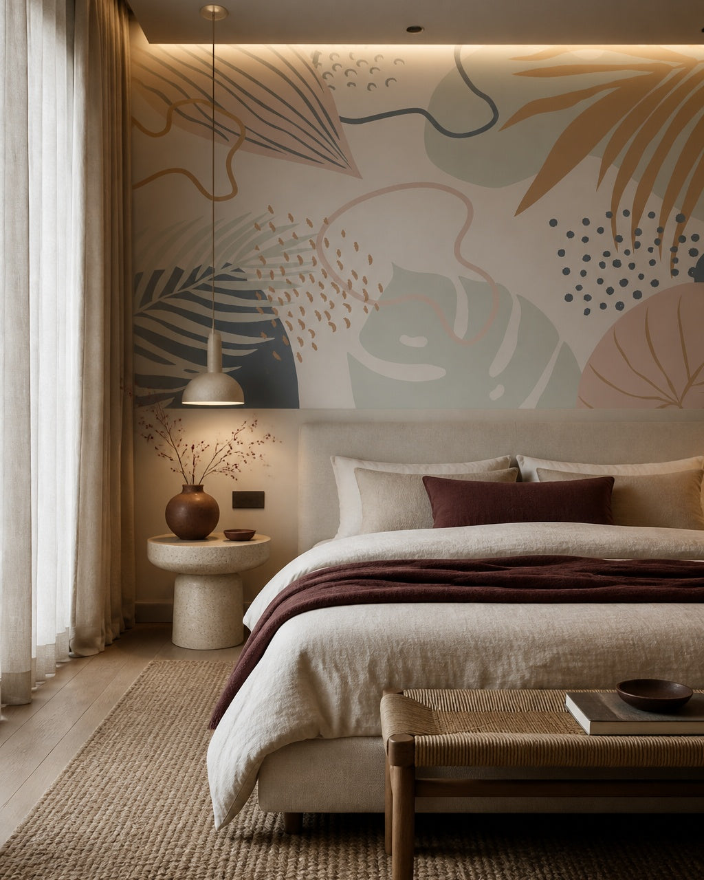Abstract boho leaves wallpaper in a designer bedroom.