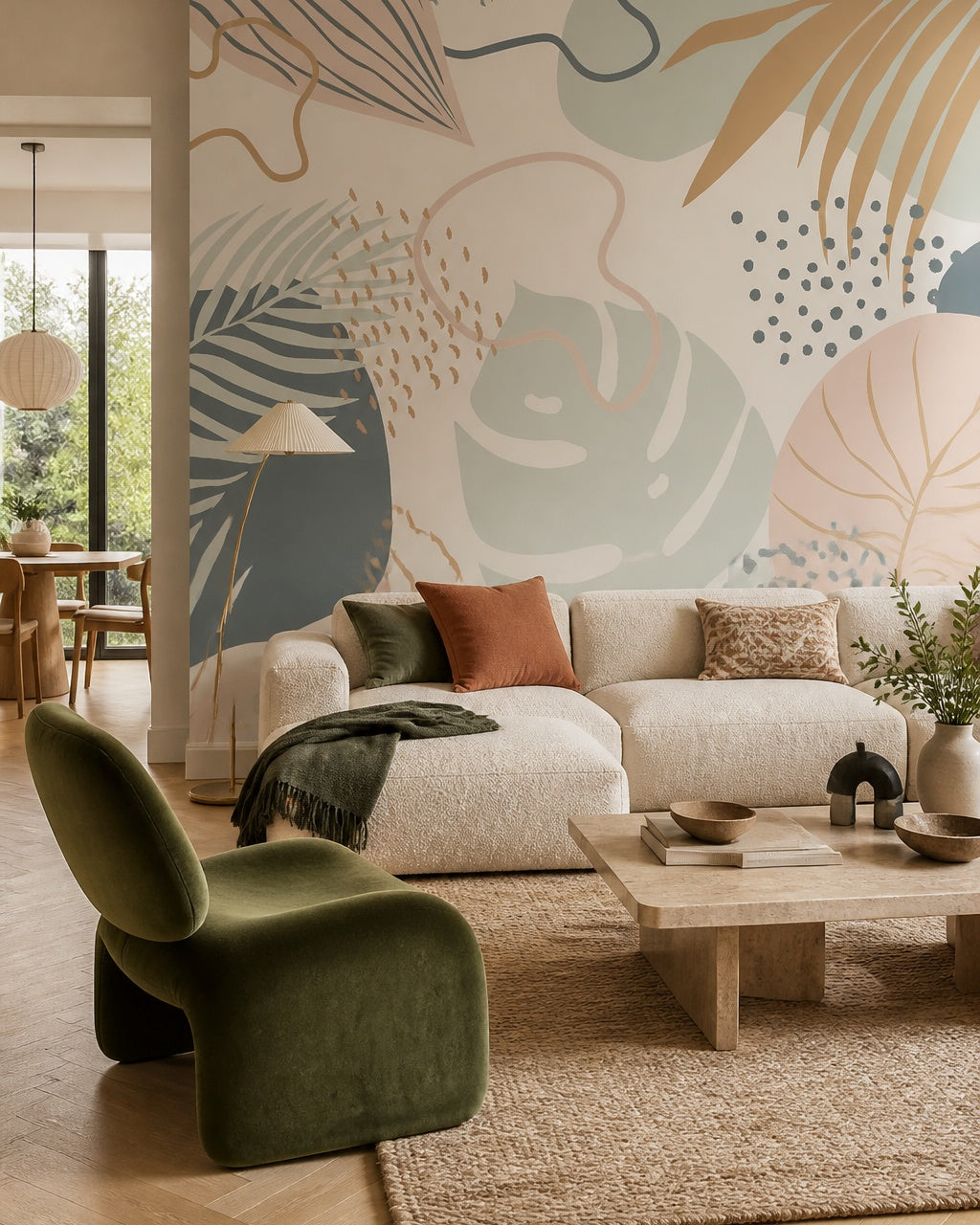 Abstract boho leaves wallpaper in a designer living room.
