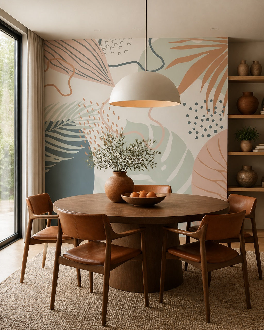 Abstract boho leaves wallpaper in a refined dining area.