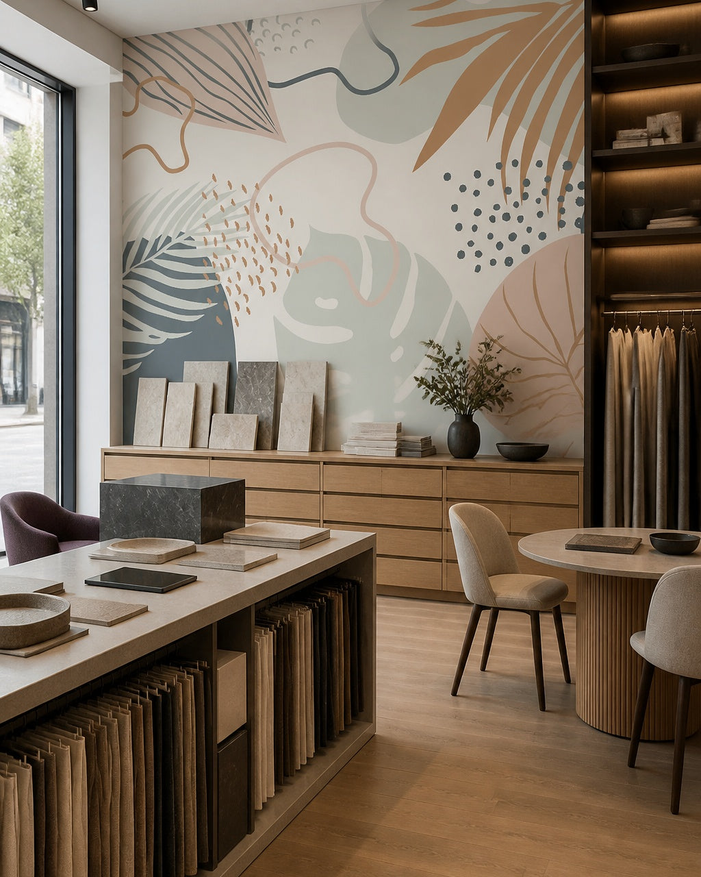 Abstract boho leaves wallpaper in a design showroom.
