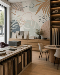 Abstract boho leaves wallpaper in a design showroom.