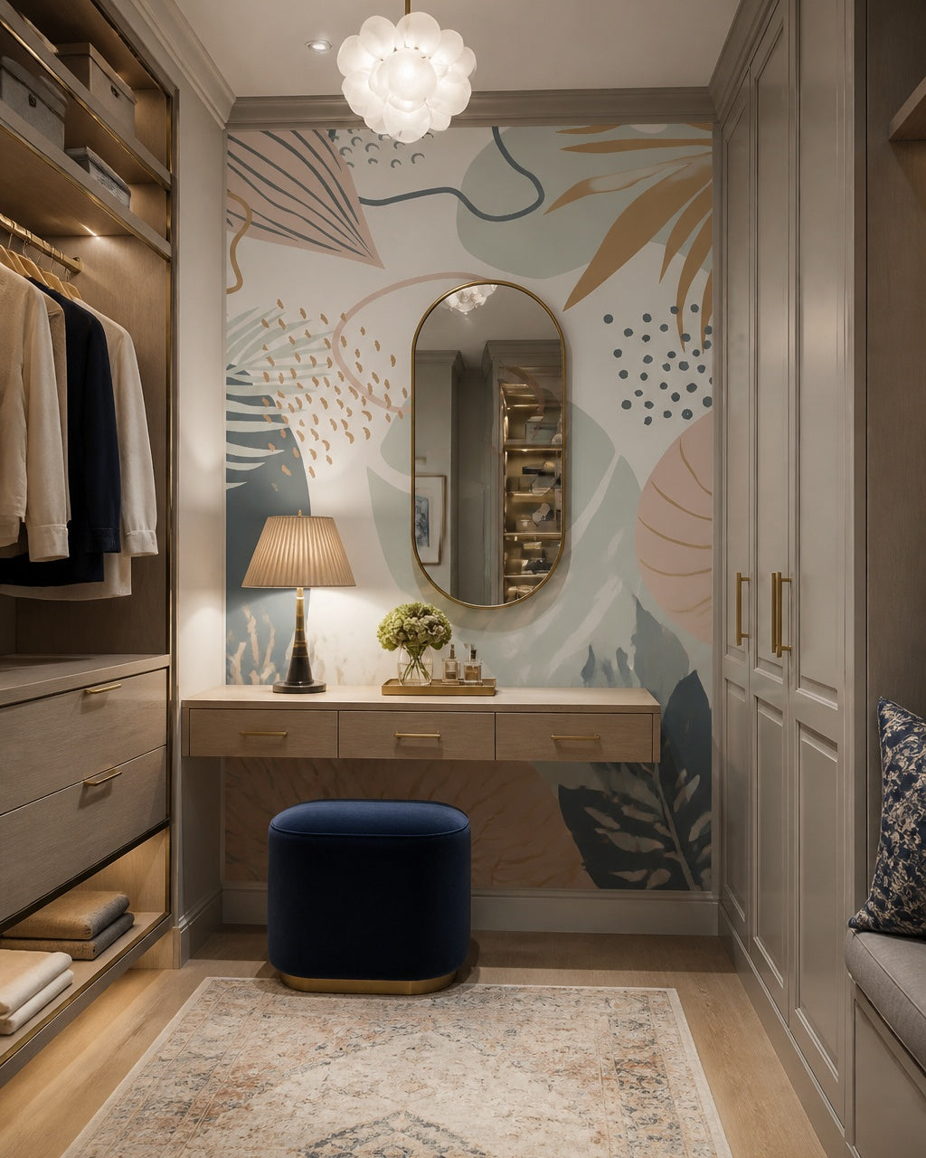 Abstract boho leaves wallpaper in a dressing room.
