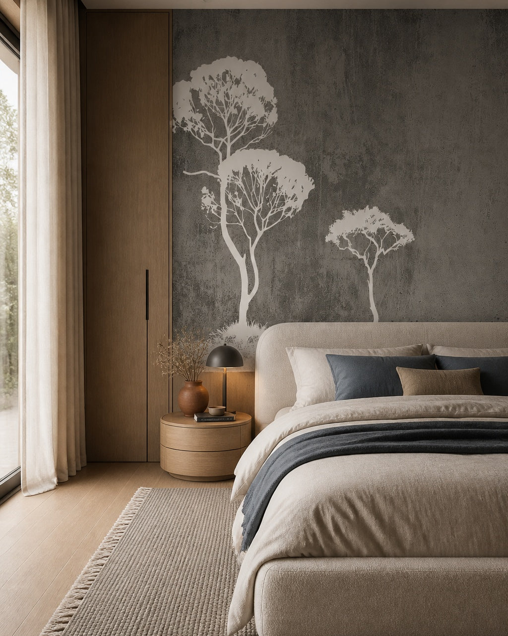 White trees on grey concrete wallpaper in a designer bedroom.