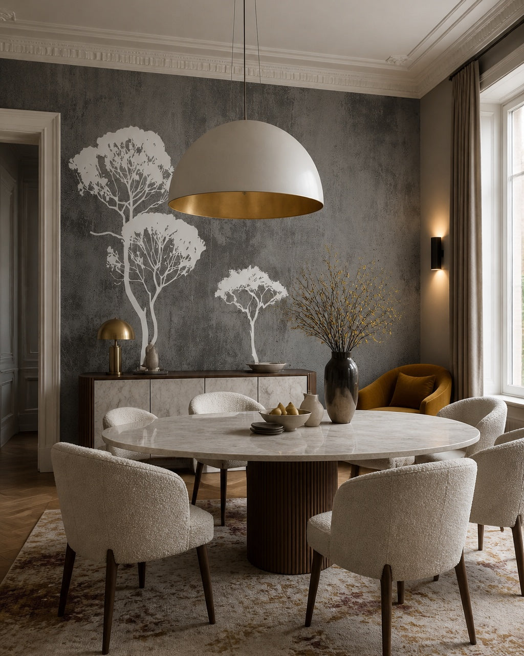 White trees on grey concrete wallpaper in a refined dining area.