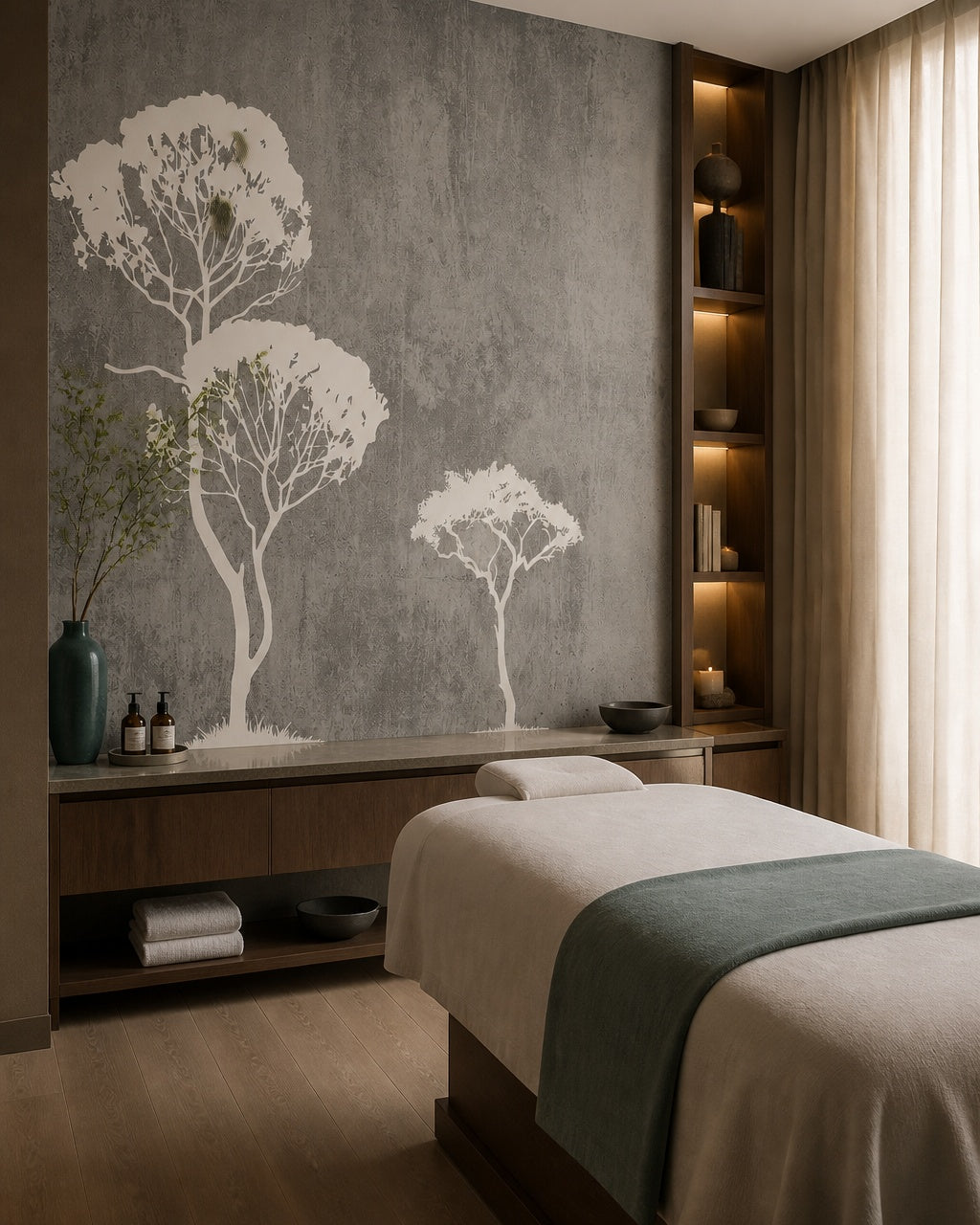 White trees on grey concrete wallpaper in a wellness spa.