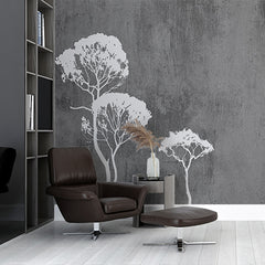 Custom Modern Minimalist White Trees on Gray Background Wall Mural Wallpaper