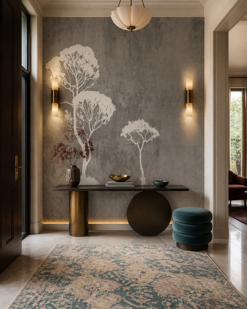 White trees on grey concrete wallpaper in a designer entrance hall.