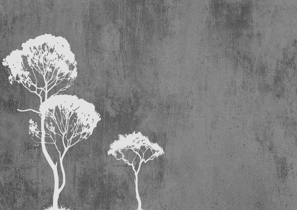 Fototapete Weiße Bäume auf grauem Beton – Minimalistische Baumsilhouetten
