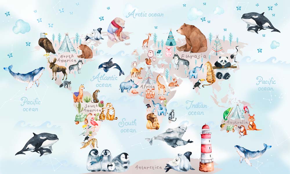 Kids World Map for Toddlers with Animals Wall Mural Globe Wallpaper for Kids