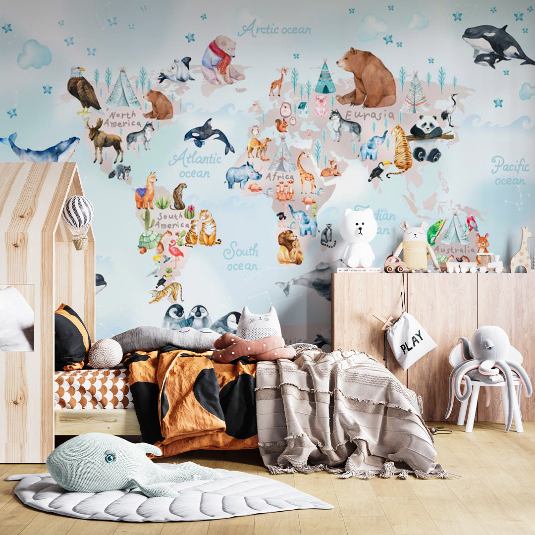 Kids World Map for Toddlers with Animals Wall Mural Globe Wallpaper for Kids